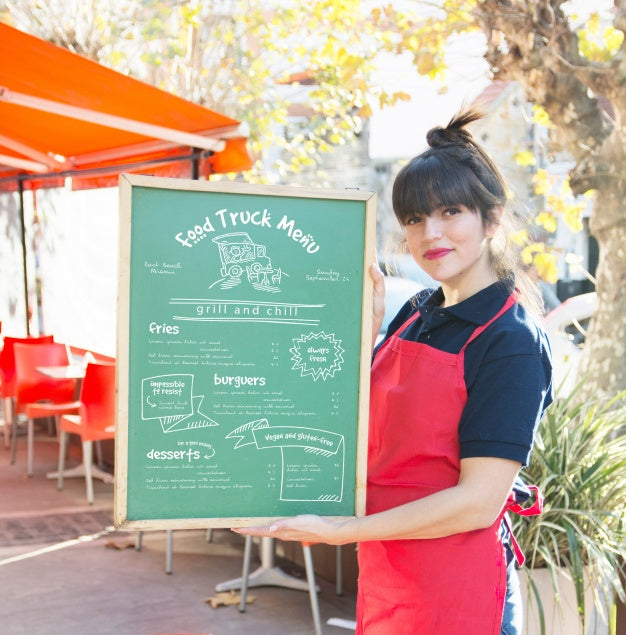 Free Waitress Presenting Board With Menu Psd