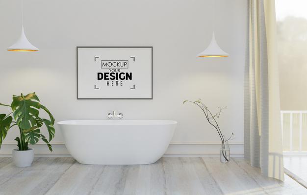 Free Wall Art Canvas Or Picture Frame Mockup On Bathroom Interior Psd