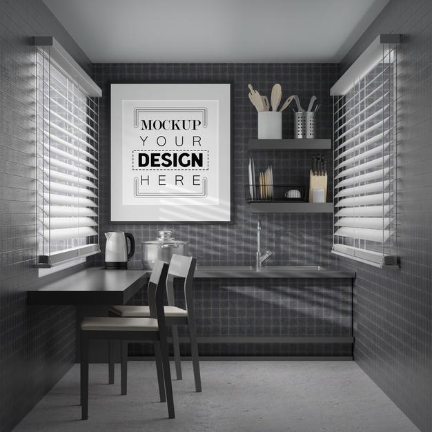Free Wall Art Or Picture Frame Mockup On Kitchen Room Interior Psd