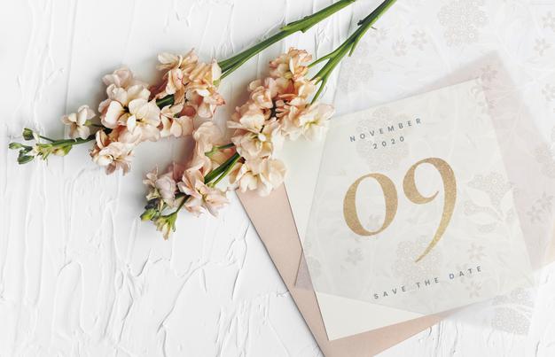 Free Wedding Invitation Card Mockup With Lathyrus Peach Psd