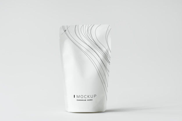 Free White Sachet Mockup Against White Background Psd