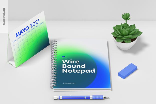 Free Wire Bound Notepad Scene Mockup, Top View Psd