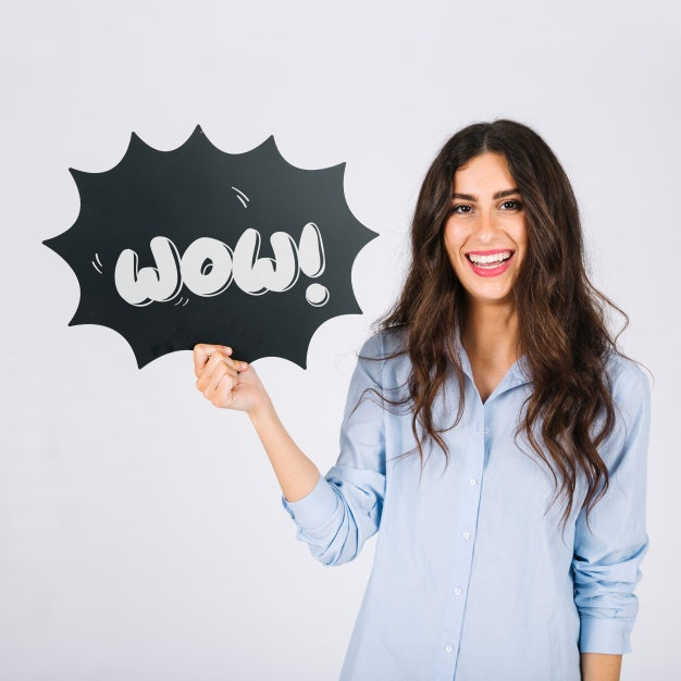 Free Woman Holding Speech Bubble Slate Psd