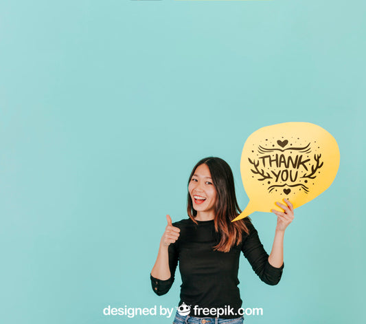 Free Woman Making Ok Sign With Speech Bubble Mockup Psd
