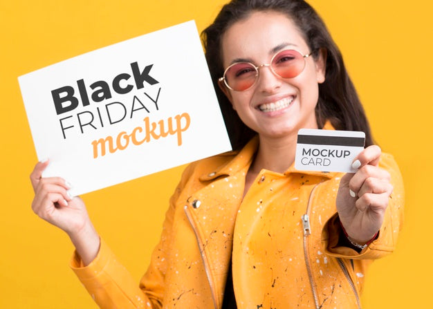 Free Woman With Black Friday Concept With Credit Card Psd