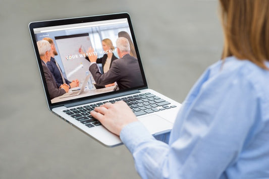 Free Woman Working With Laptop Mockup Psd