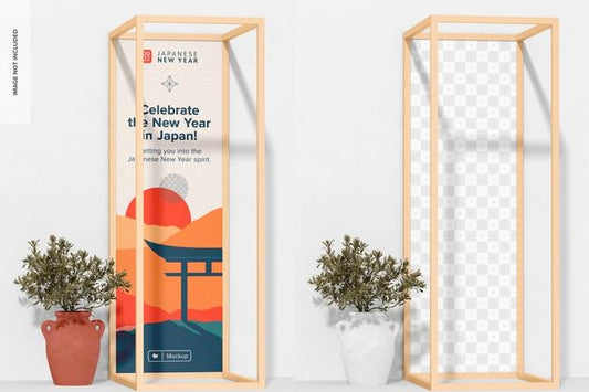 Free Wood Frame Installation Display Mockup, With Plant Psd