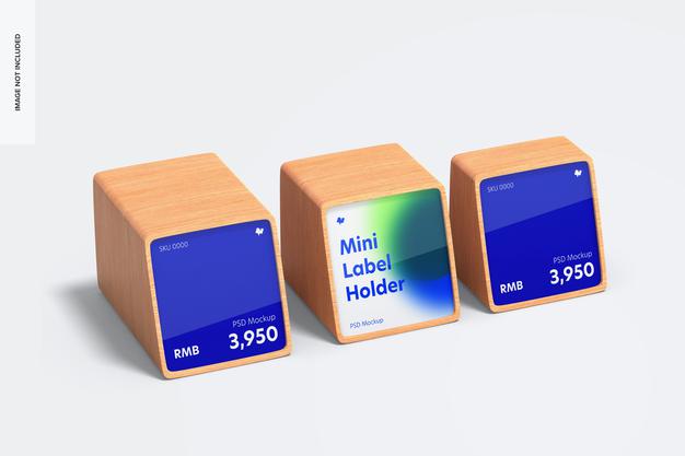 Free Wood Mini Price Label Holders Mockup, Perspective Psd