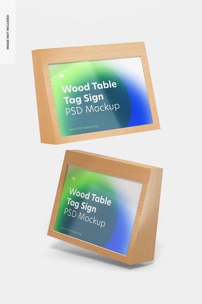 Free Wood Table Advertising Tag Signs Mockup, Floating Psd