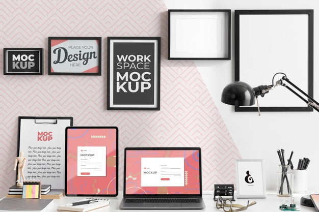 Free Work Desk Mockup With Devices Psd