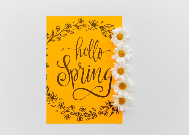 Free Yellow Paper Mockup With Spring Flowers Psd